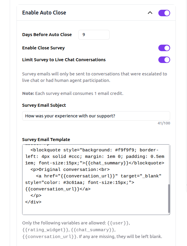 Auto Close Survey Settings