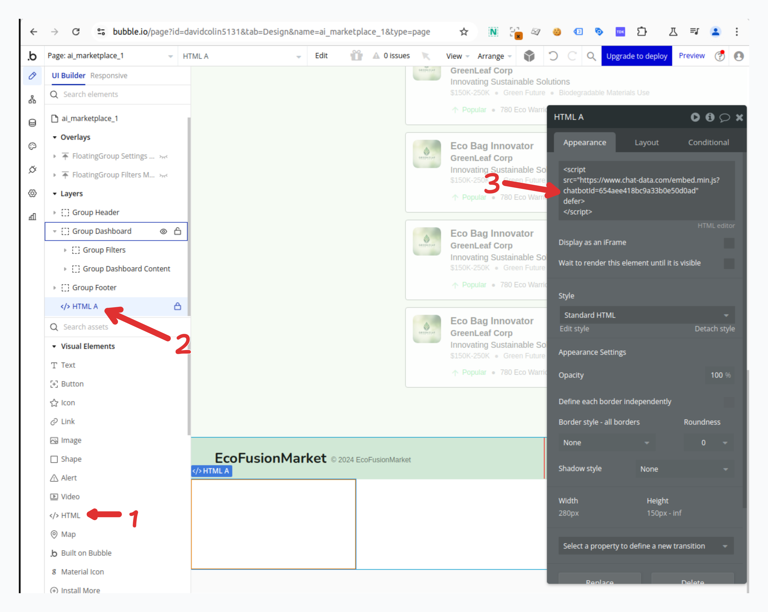 Drag the HTML component inside the Group Footer component