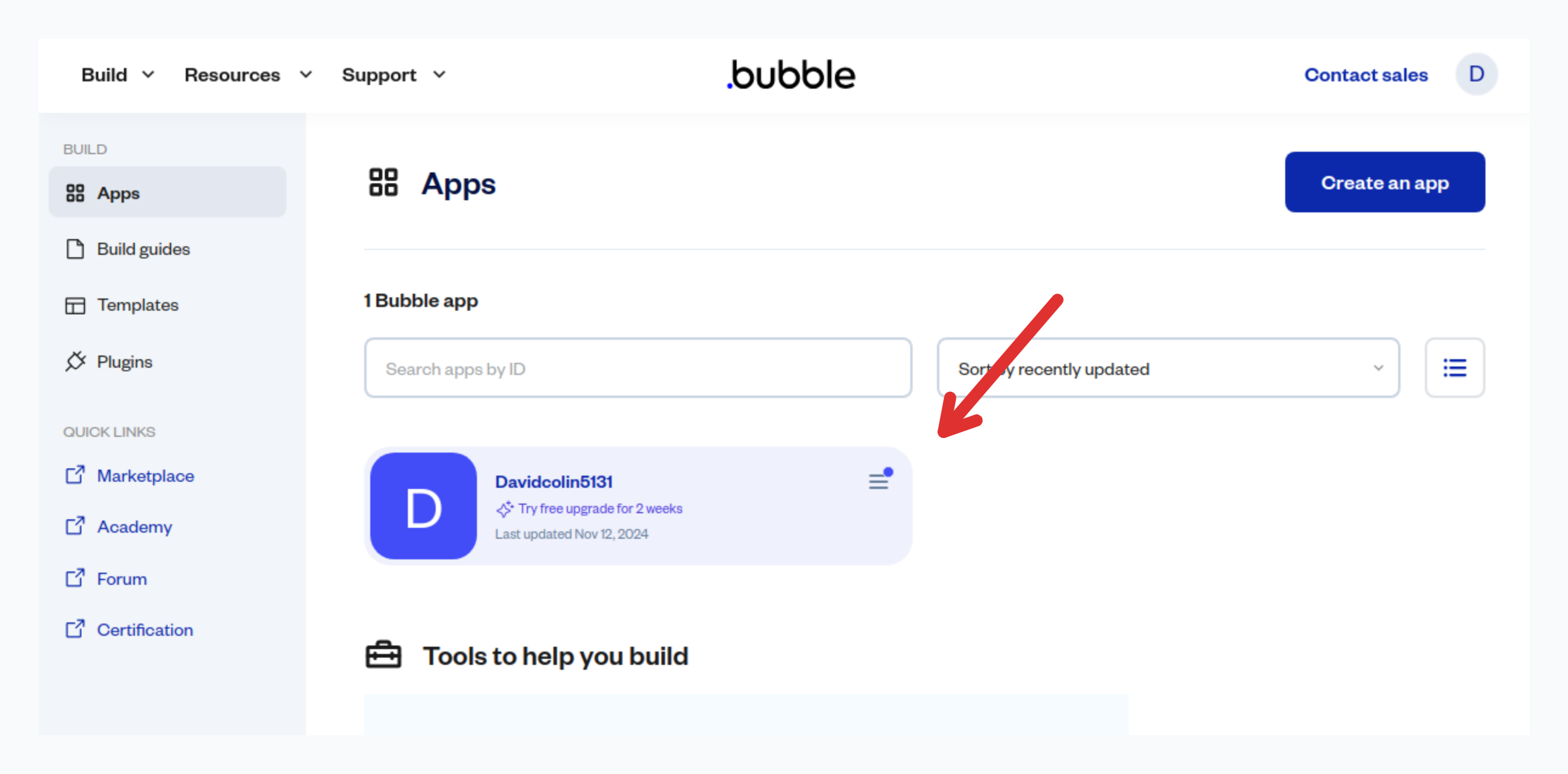 Pick the Bubble app or website you wish to embed the chatbot on