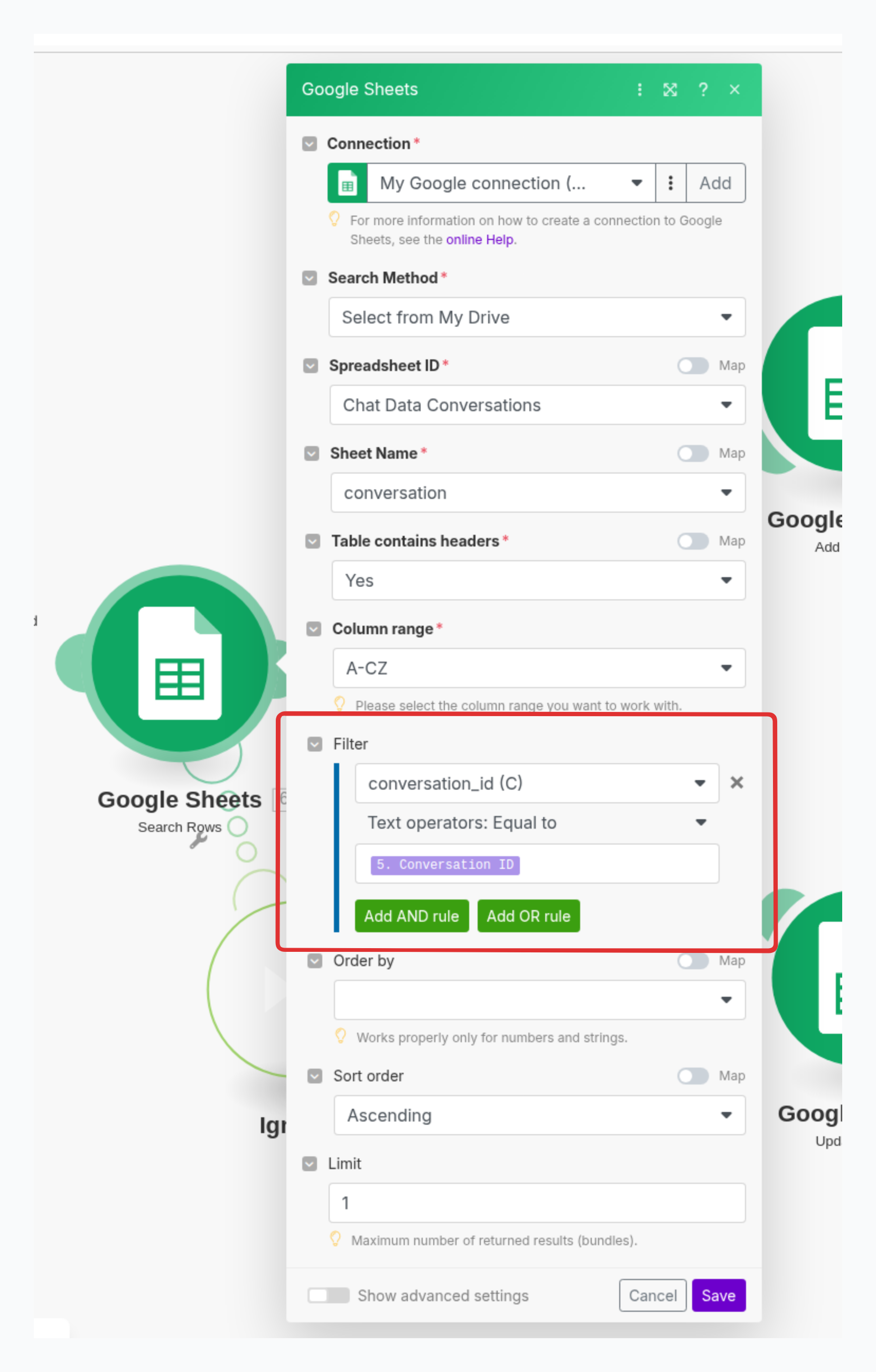 Find Conversation from Google Spreadsheet