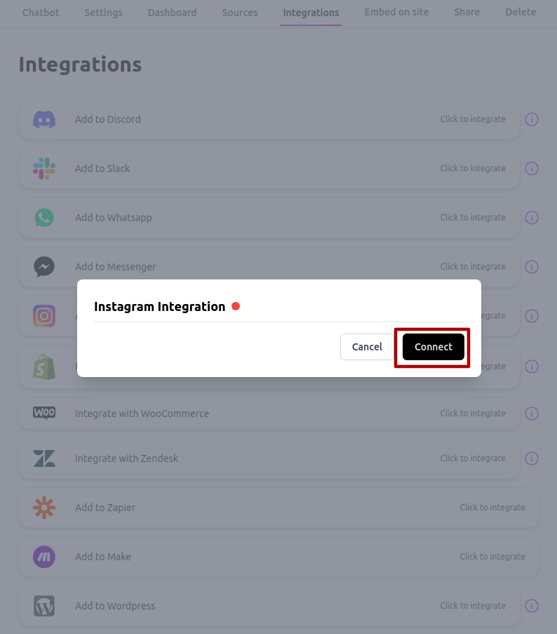 Instagram integration pop-up