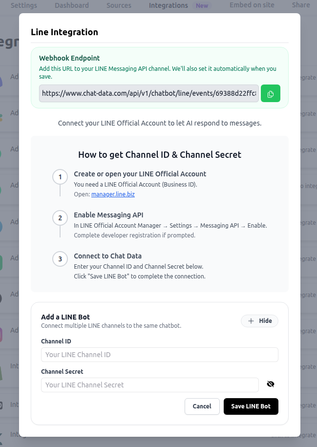 LINE Integration Modal with Webhook URL