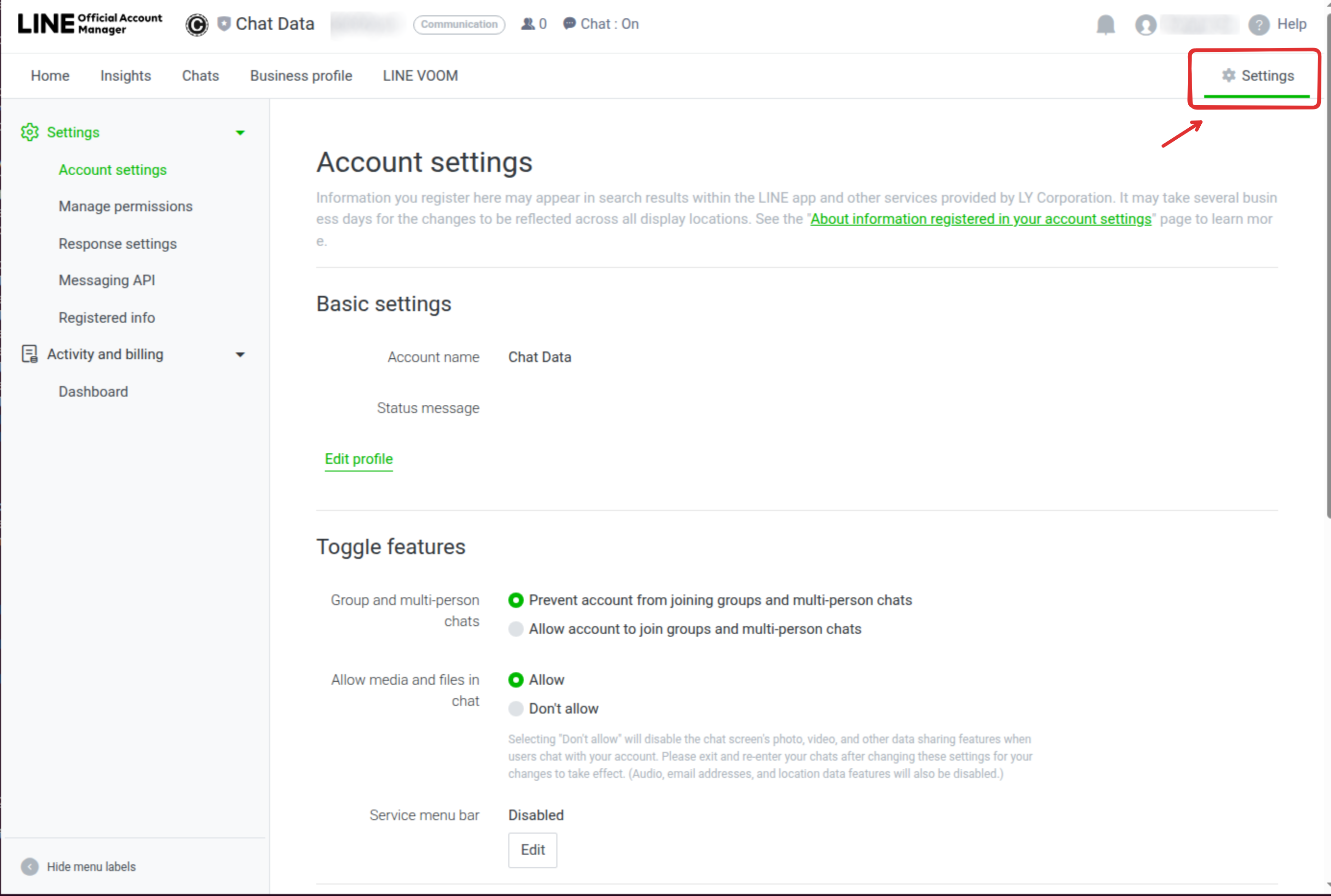 LINE Settings Location Top Right