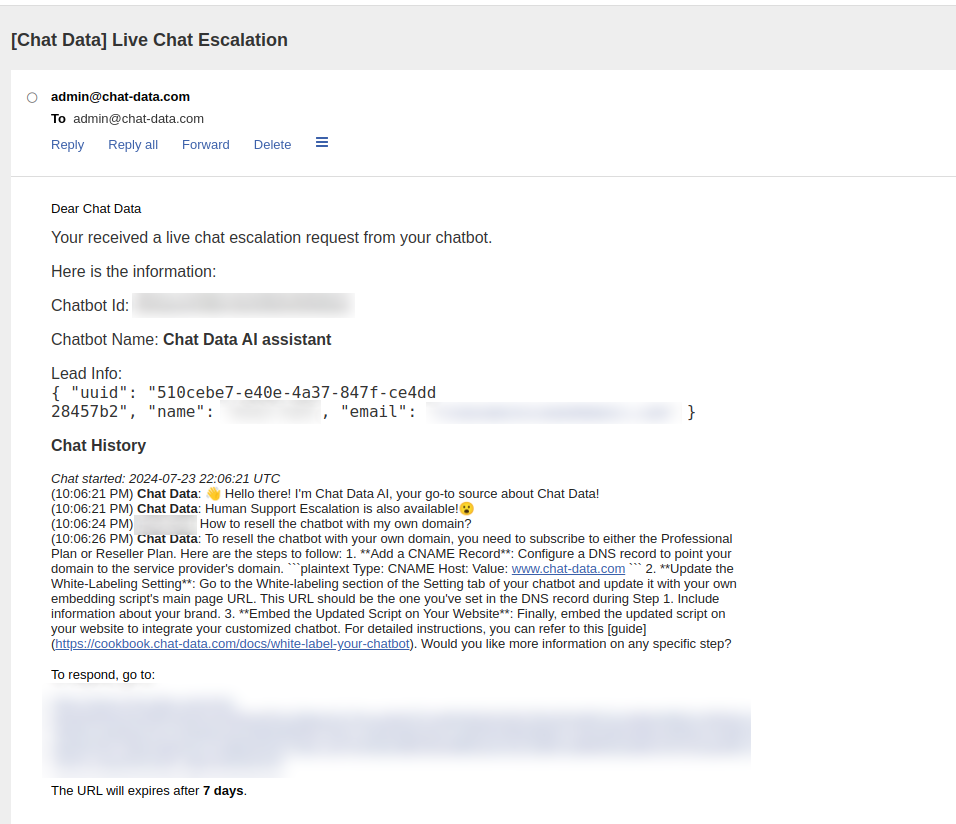 Live Chat Escalation Email Notification