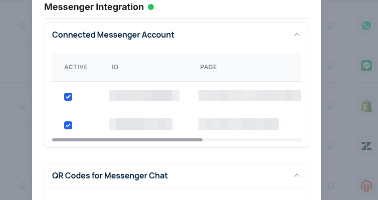 Connected Messenger Account table with the ACTIVE checkbox