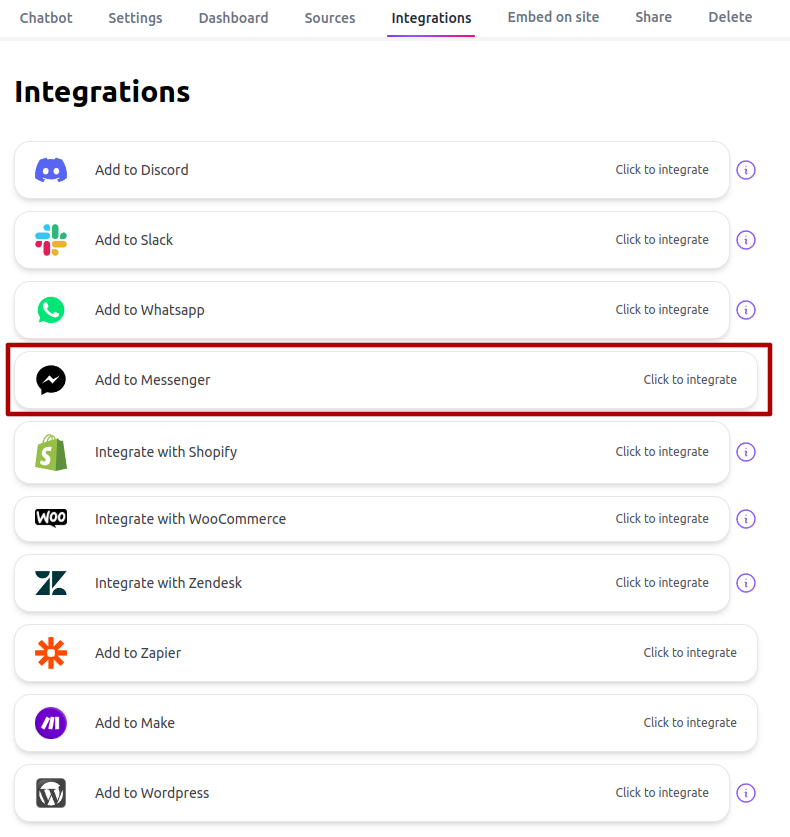 Messenger integration card