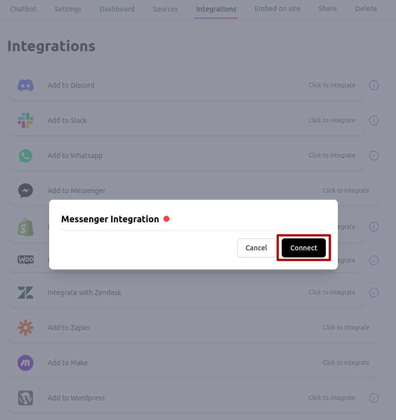 Messenger integration pop-up