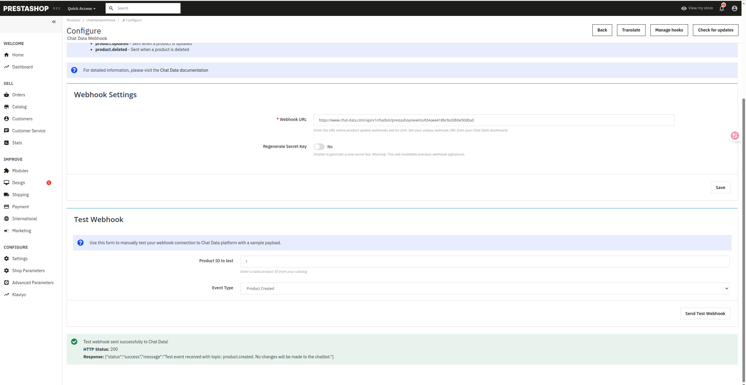 Prestashop Sending Test Webhook Event