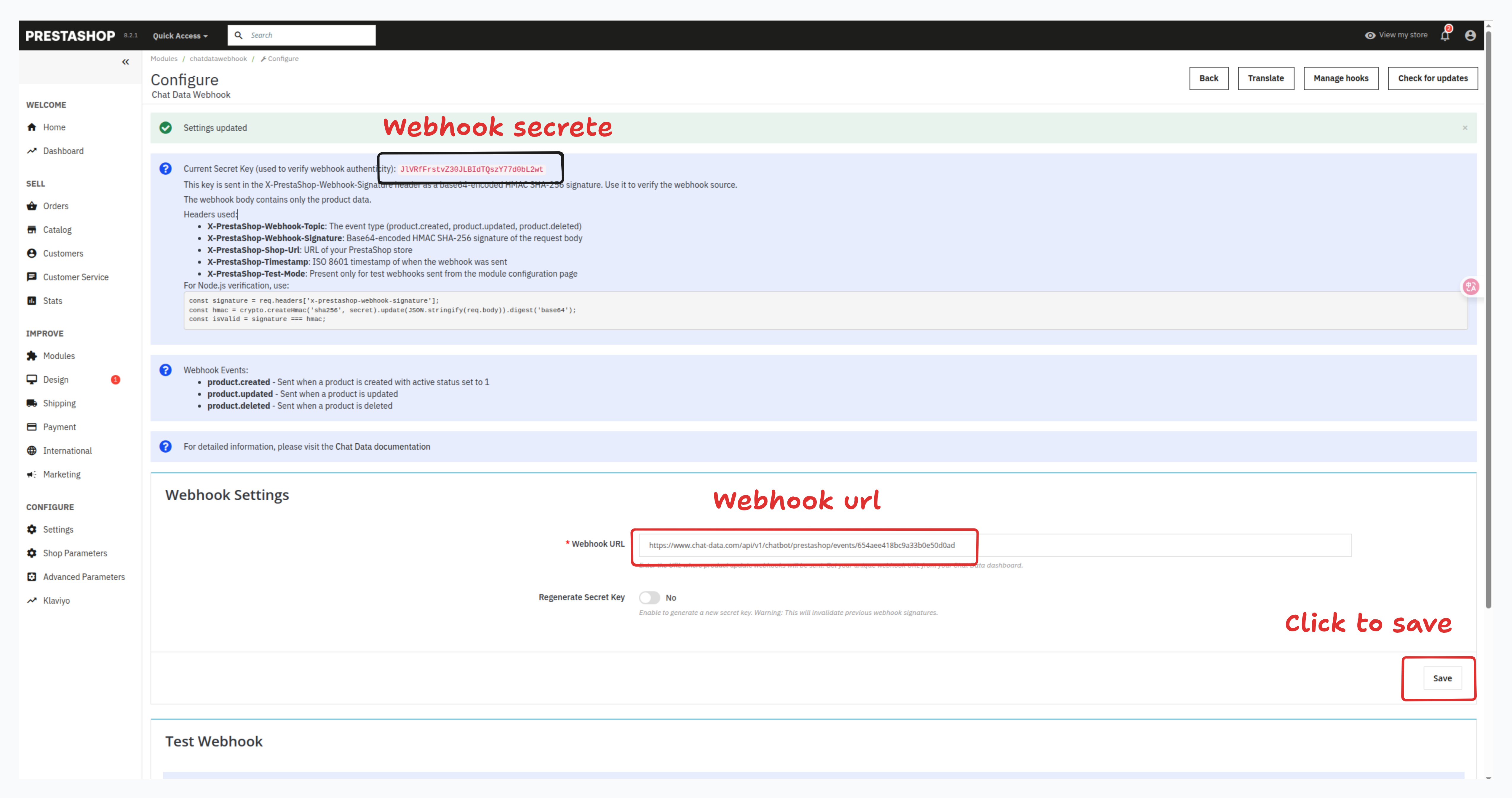 Prestashop Webhooks Module Configuration