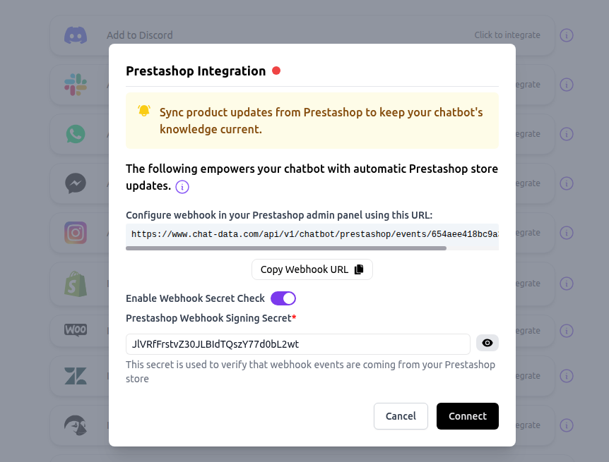 Prestashop Webhooks url modal
