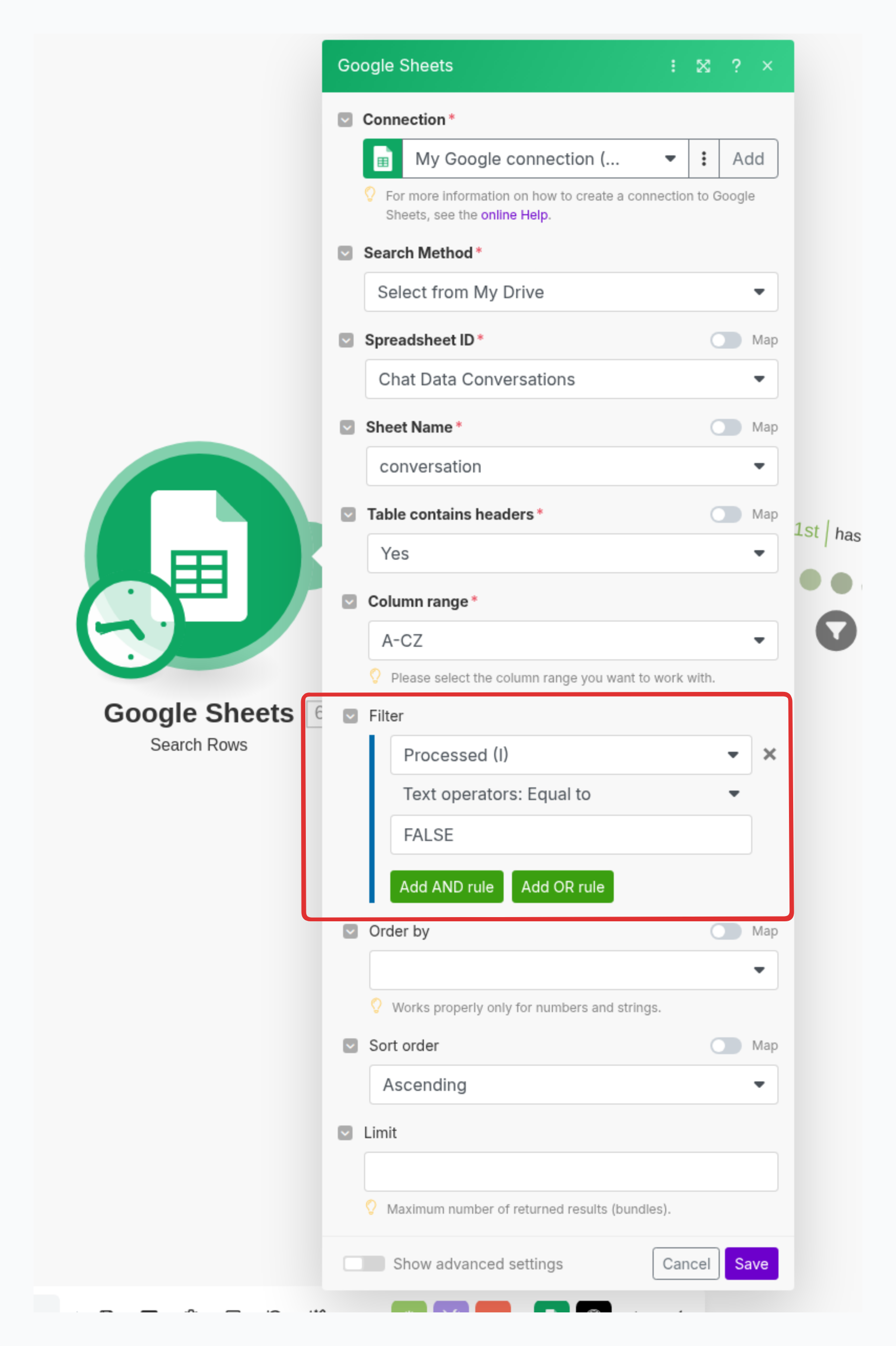 Search unprocessed conversations from Google Spreadsheet