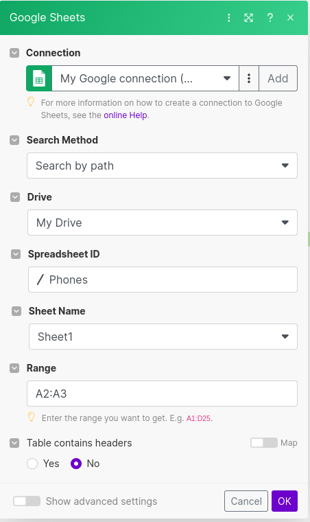 Set up the Google Sheet module