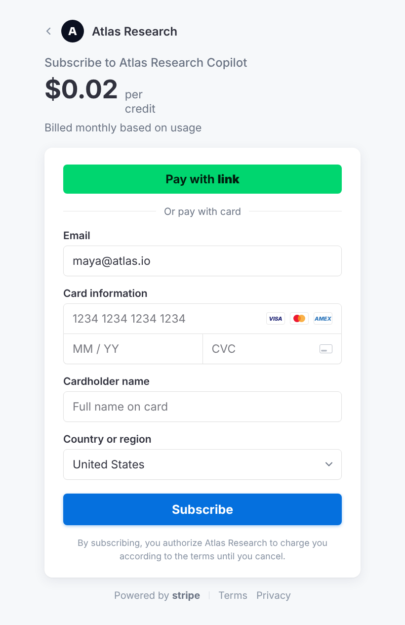 The Stripe Checkout page a customer sees after clicking the subscribe button: the operator's product and metered price, with the customer's email pre-filled
