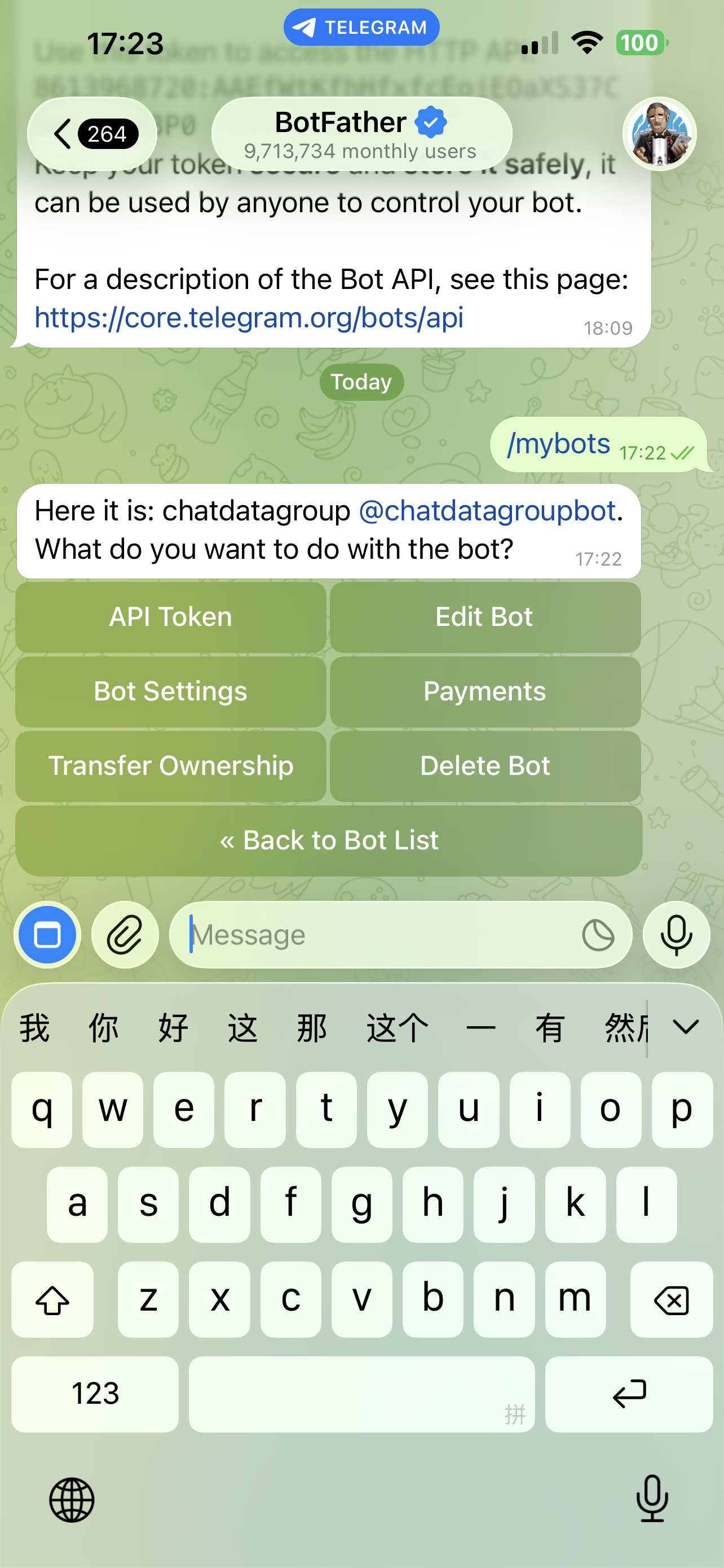 BotFather /mybots reply showing bot options