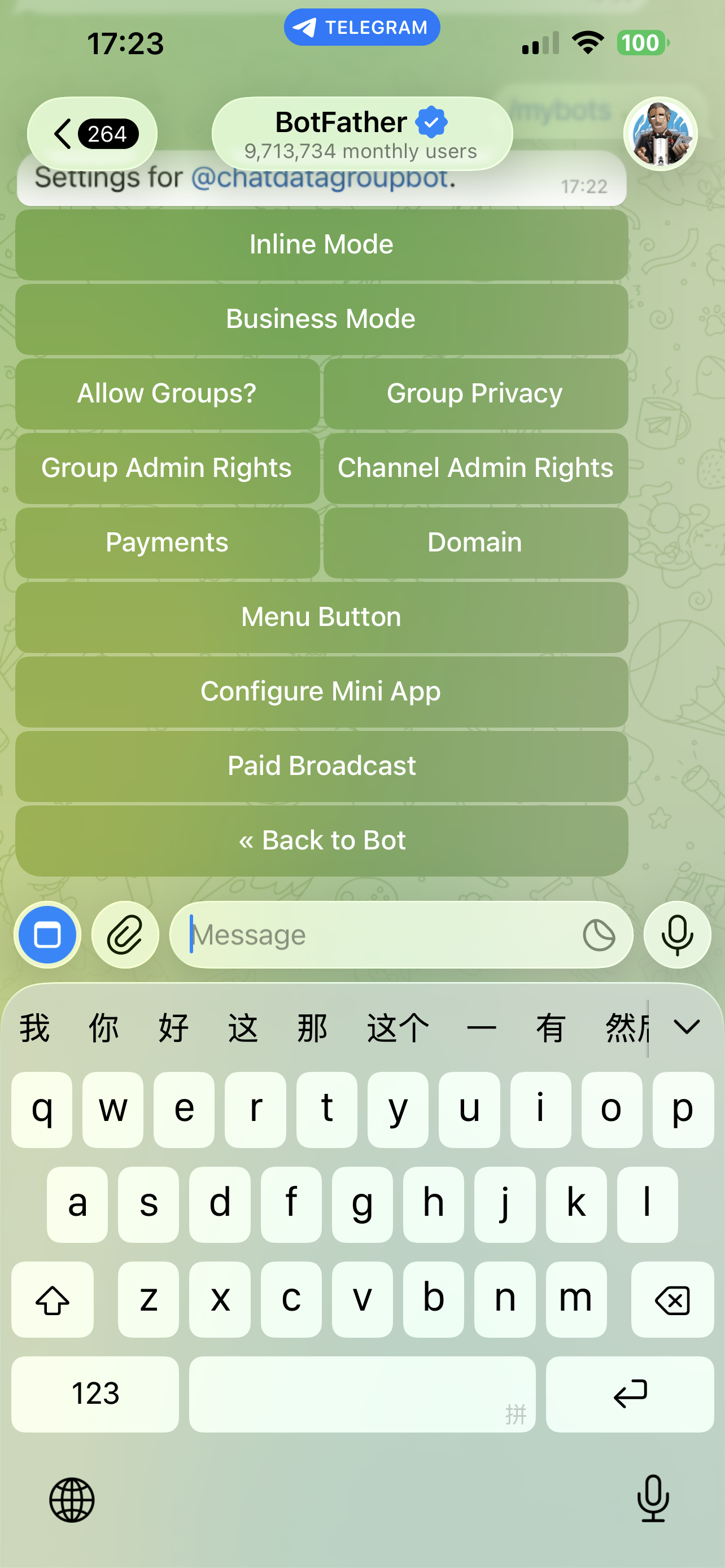 BotFather Bot Settings menu with Business Mode option