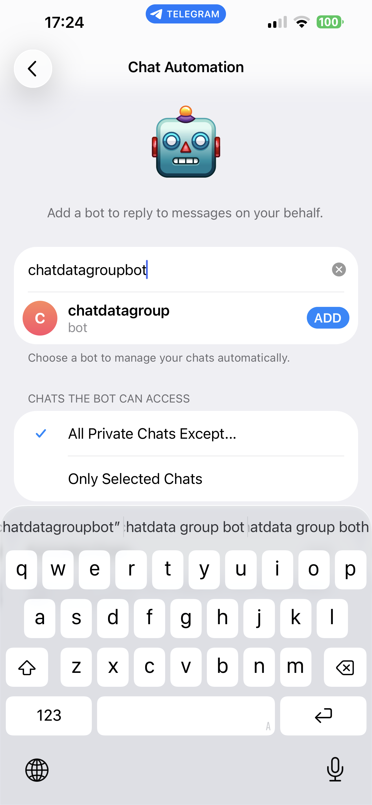 Chat Automation screen with bot username entered and ADD button visible