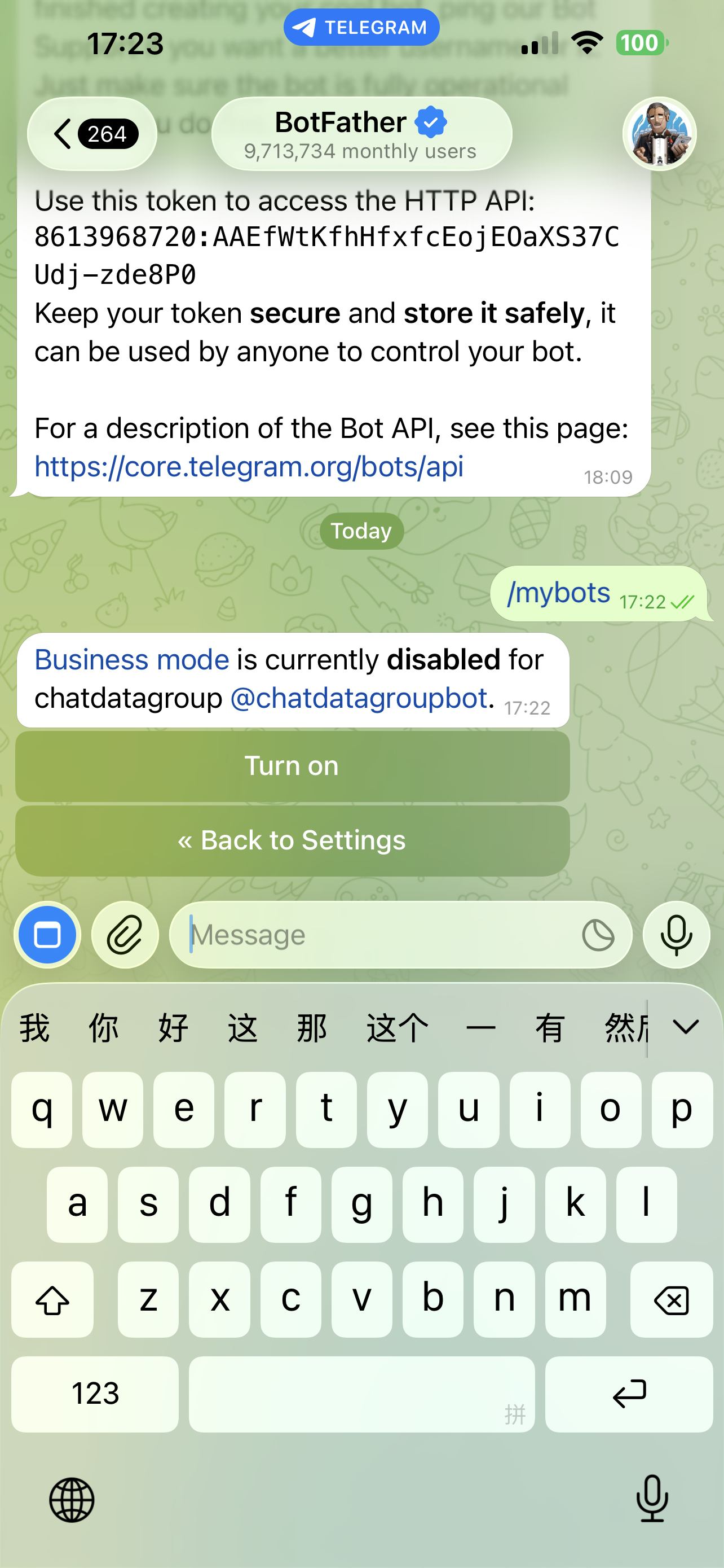 Business mode currently disabled with Turn on button