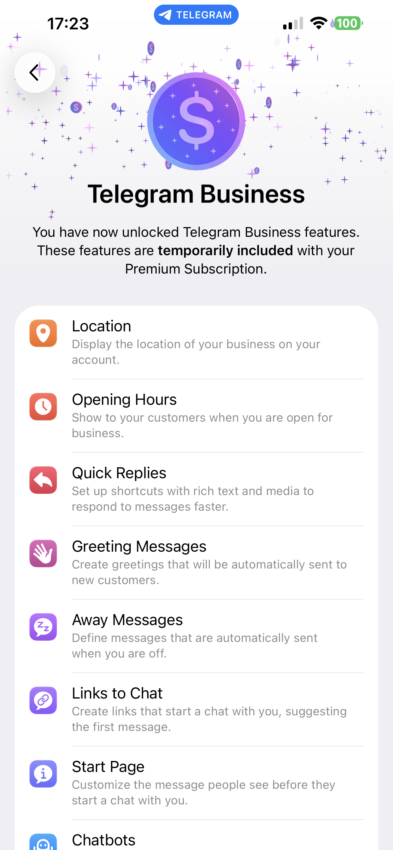 Telegram Business unlocked screen showing features list ending with Chatbots