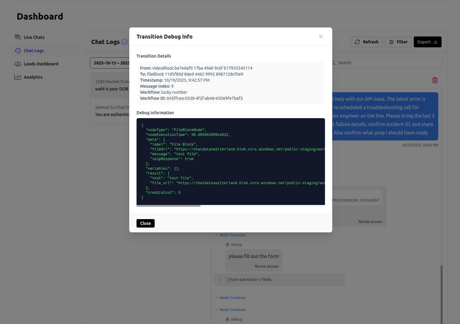 Chatlogs Dashboard Debug View